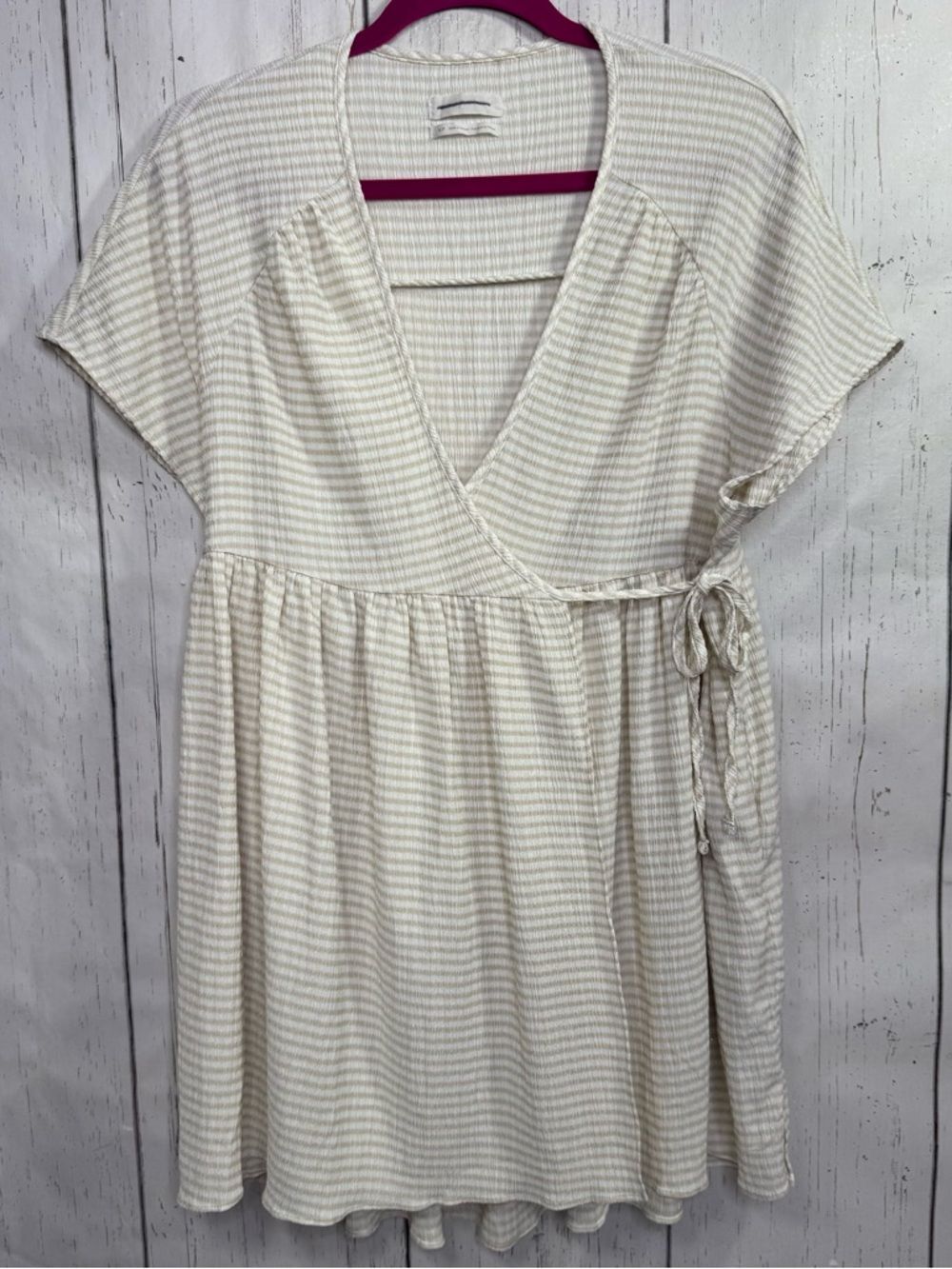 Urban Outfitters Beige Striped Wrap Mini Dress Cottagecore Boho Soft Girl Size S
